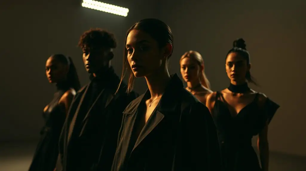 Illustration of five models in dark draped tailoring standing under a single overhead light