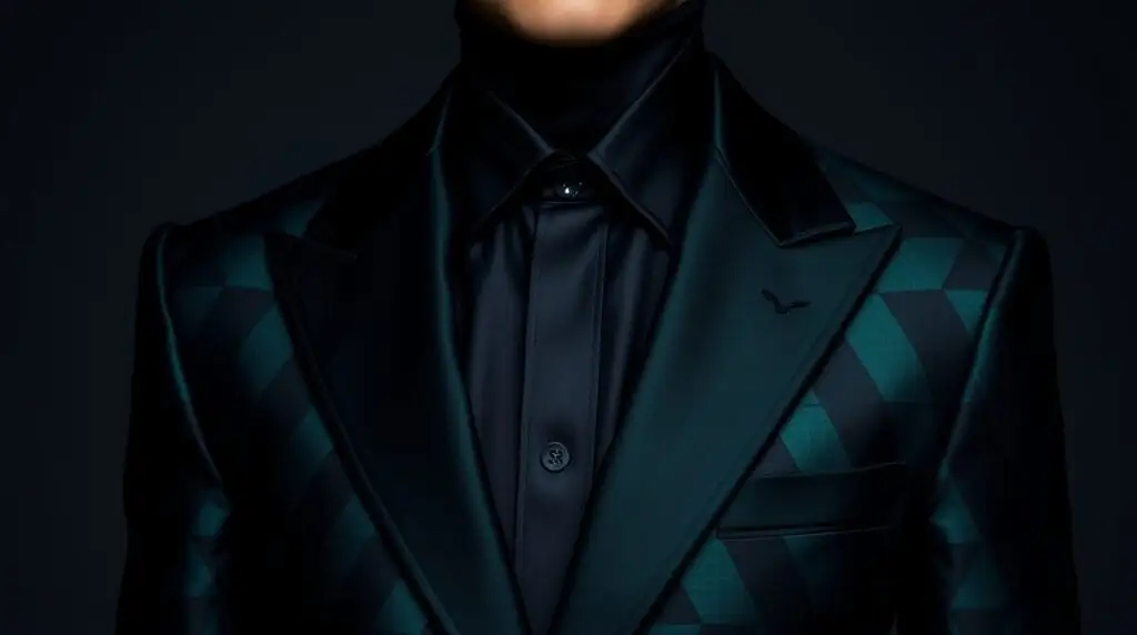 Illustration of a teal check dinner jacket with peak lapels worn over a black shirt