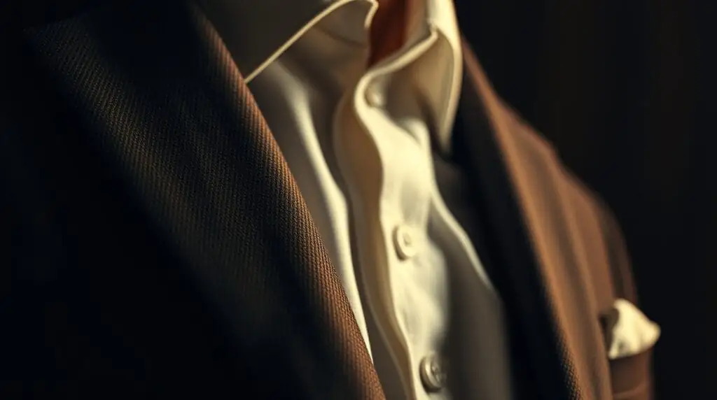 Illustration of a brown twill jacket layered over a cream waistcoat and open-collar shirt