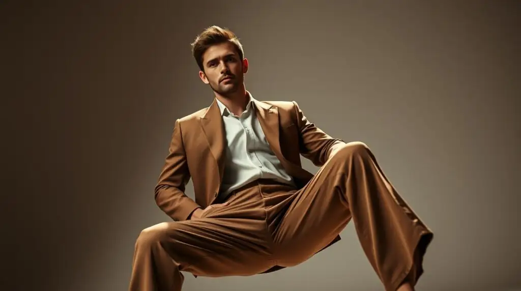Illustration of a man in a loose caramel-brown suit with wide-leg trousers