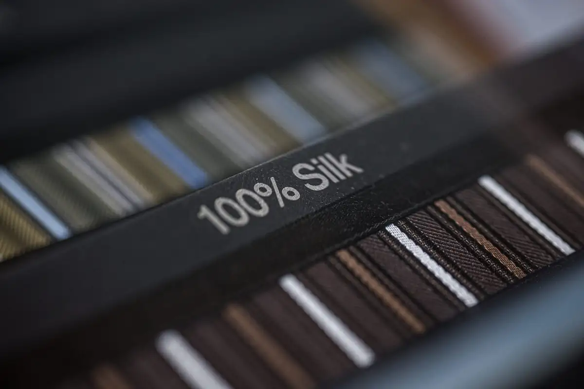 Swatch book edge stamped 100% Silk above rows of striped lining samples