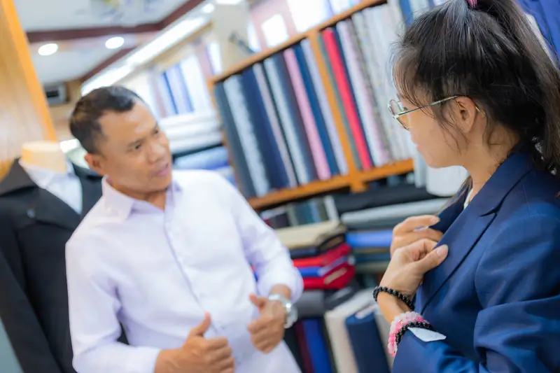 Custom shirt fabric consultation, cotton poplin selection at David Jone Fashion (Ref 9669)