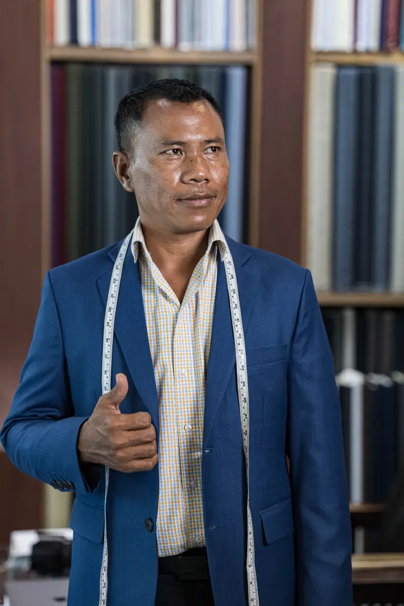Custom linen jacket fitting at our Patong shop, David Jone Fashion (Ref 6491)